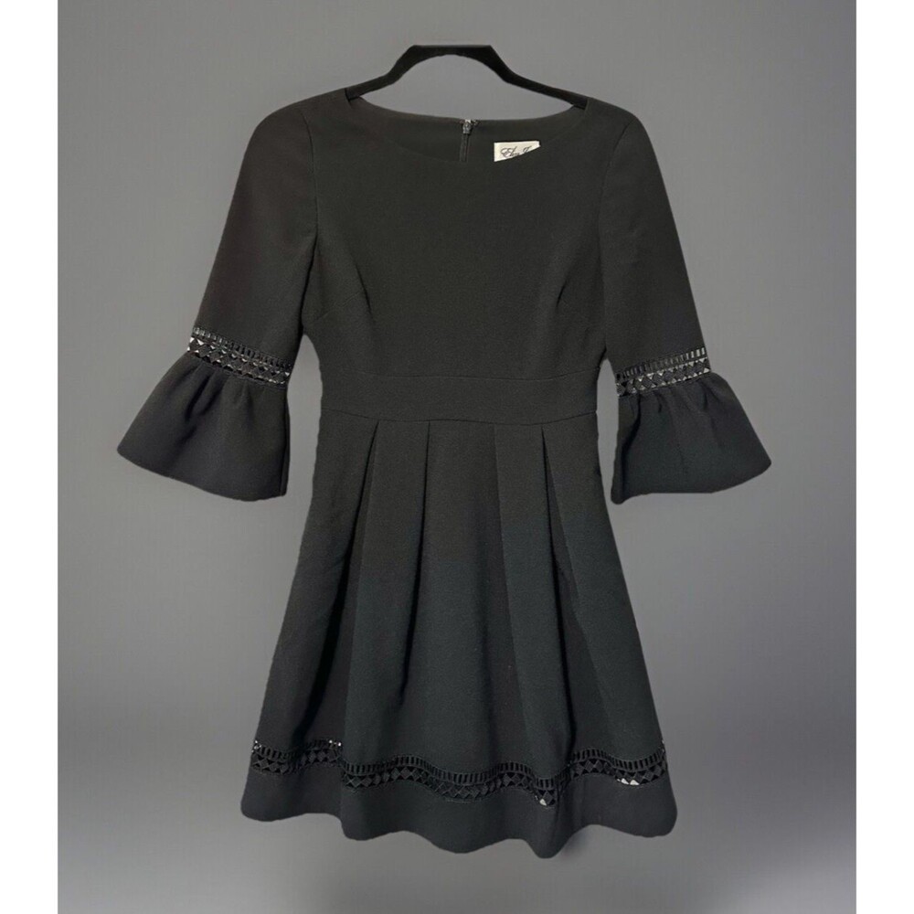 Eliza J Womens Short Dress 0P Black Bell Sleeve Fit and Flare Lined Pleats